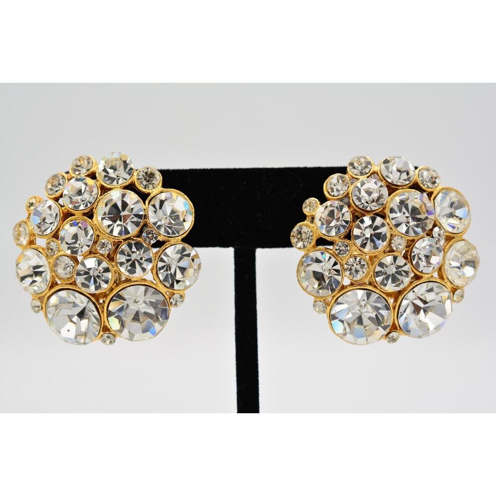 Vintage Crystal Clip On Earrings Rhinestone Chunky Gold Heavy Shiny 1980s BinAI